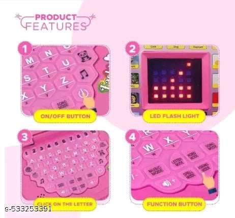Pink Educational Kids Laptop Toy - ABC 123 Learning Computer with Animal Sounds, Colors, and Music (Multicolor)